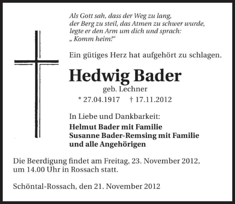  Traueranzeige für Hedwig Bader vom 21.11.2012 aus 