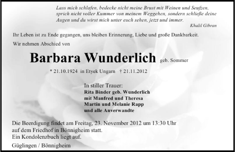  Traueranzeige für Barbara Wunderlich vom 22.11.2012 aus 