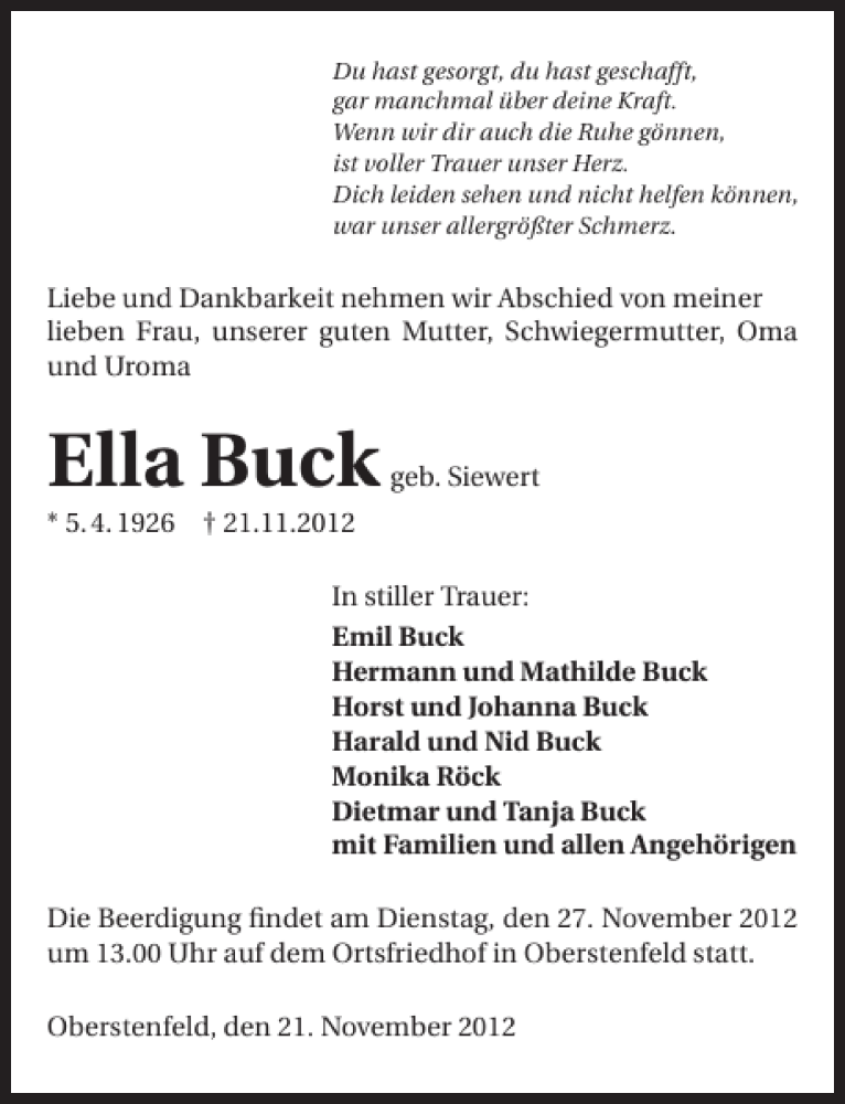  Traueranzeige für Ella Buck vom 23.11.2012 aus 
