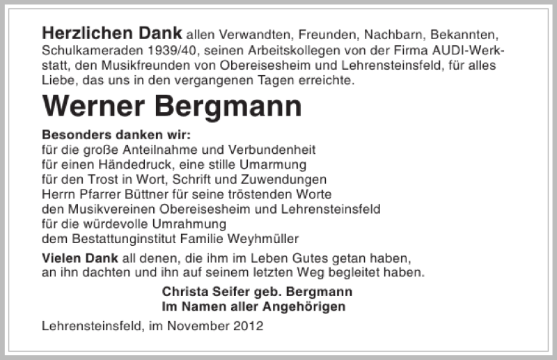  Traueranzeige für Werner Bergmann vom 24.11.2012 aus 
