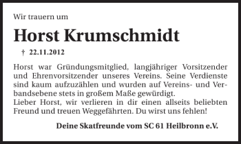 Traueranzeige von WirtrauernumHorstKrumschmidt22.11.2012Horstwar Grü 