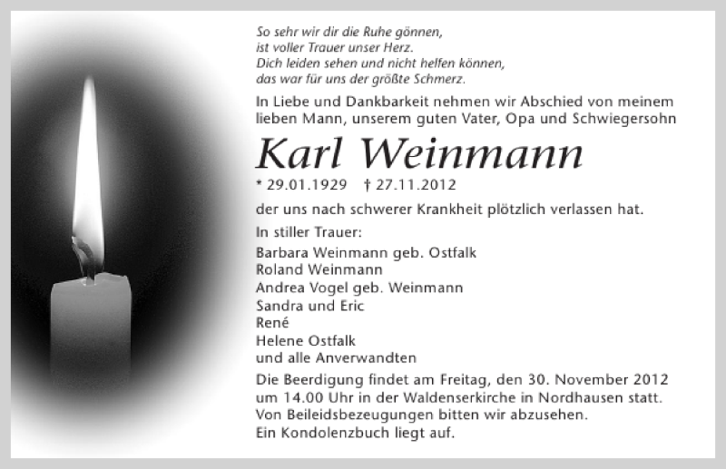  Traueranzeige für Karl Weinmann vom 29.11.2012 aus 