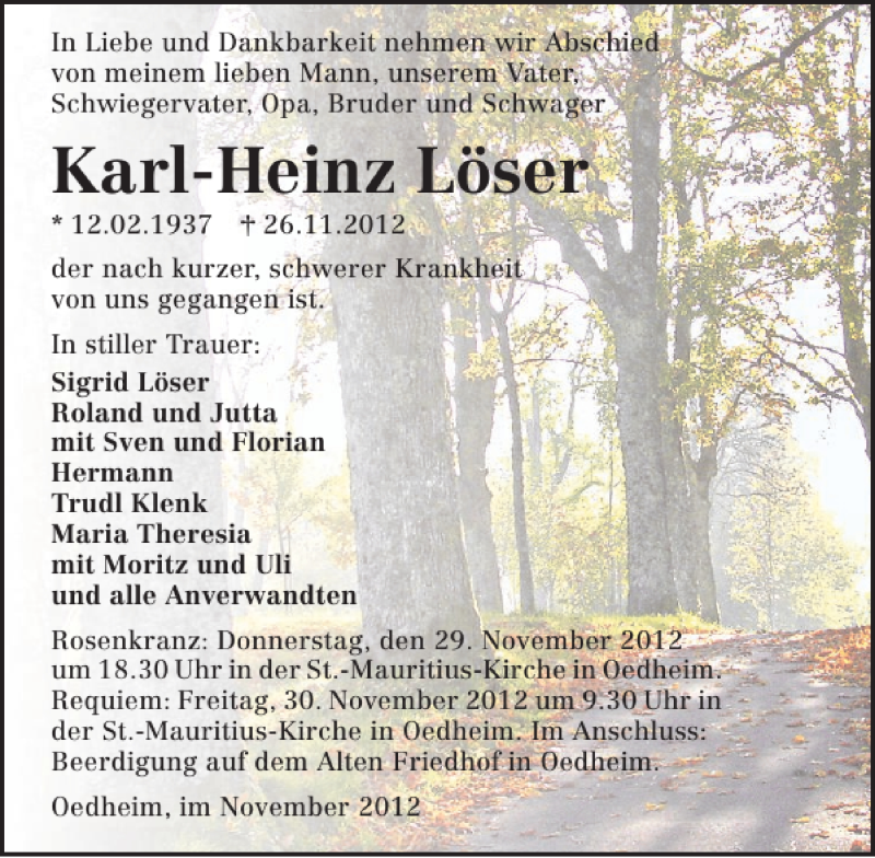  Traueranzeige für Karl Heinz Löser vom 29.11.2012 aus 