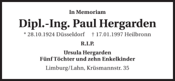 Traueranzeige von InMemoriamDipl.Ing.PaulHergarden28.10.1924 Düsseldorf 