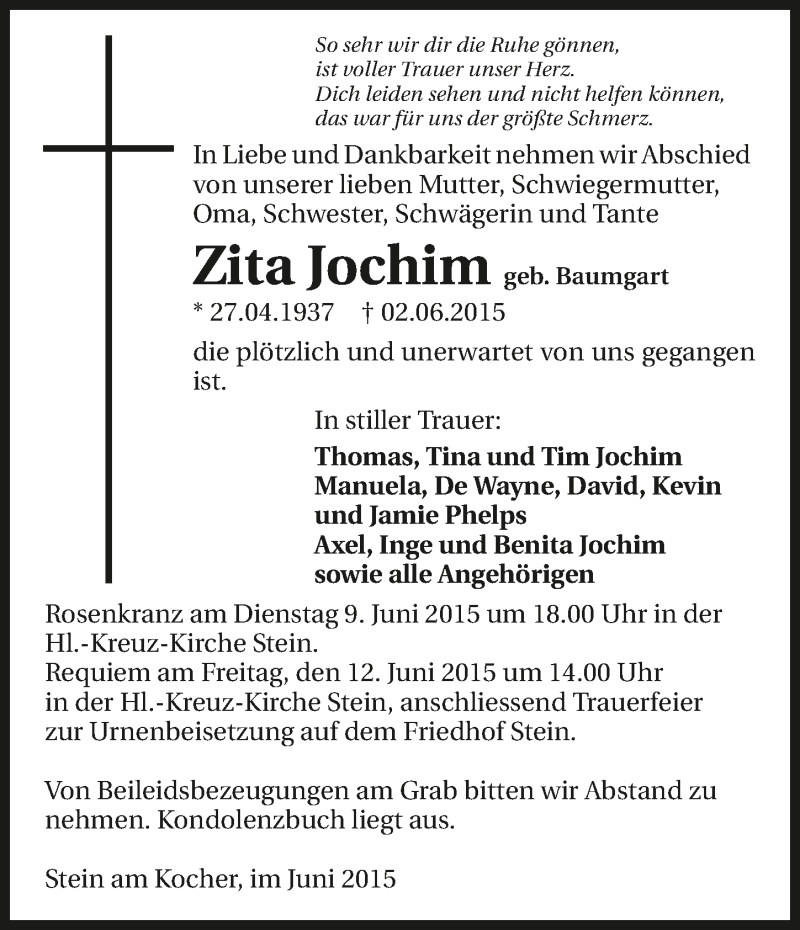  Traueranzeige für Zita Jochim vom 08.06.2015 aus 