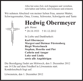Traueranzeige von Hedwig Obermeyer 