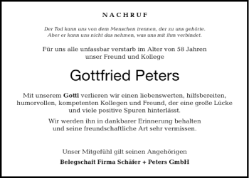 Traueranzeige von Gottfried Peters 