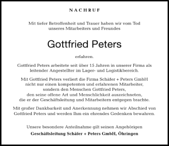 Traueranzeige von Gottfried Peters 