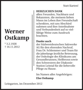 Traueranzeige von Werner Ostkamp 