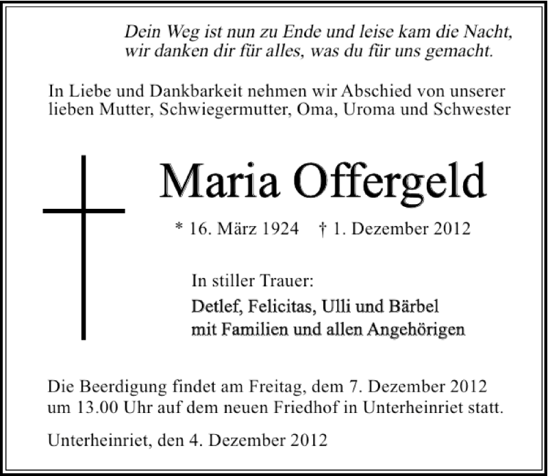  Traueranzeige für Maria Offergeld vom 04.12.2012 aus 