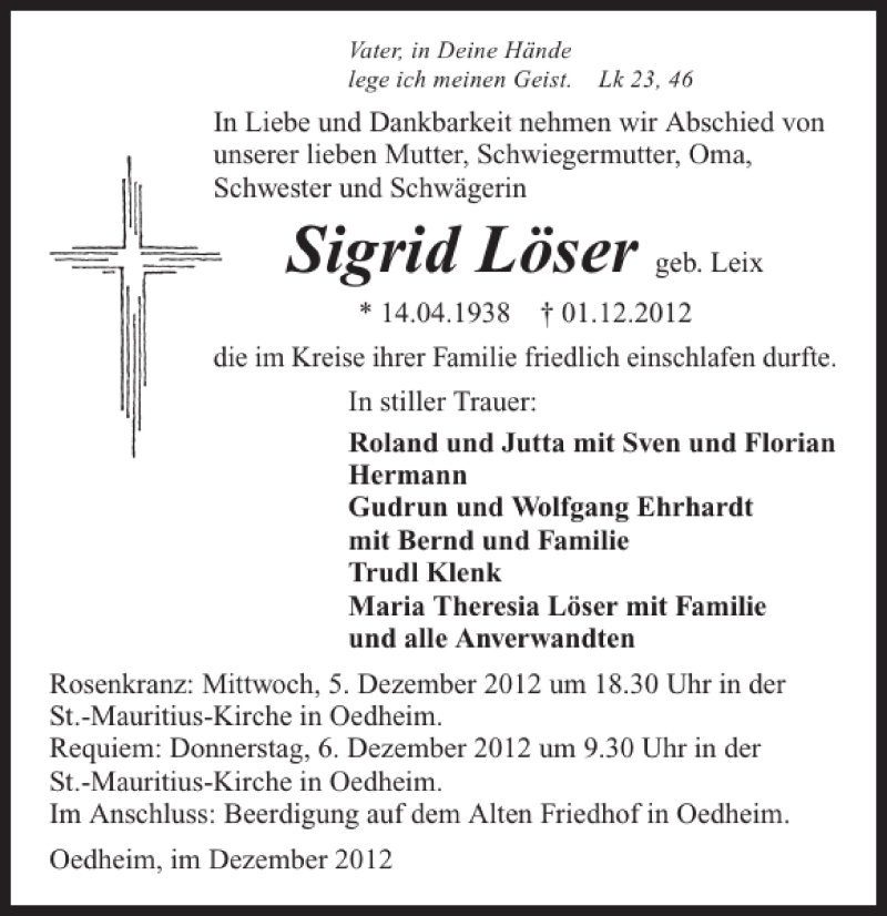  Traueranzeige für Sigrid Löser vom 04.12.2012 aus 