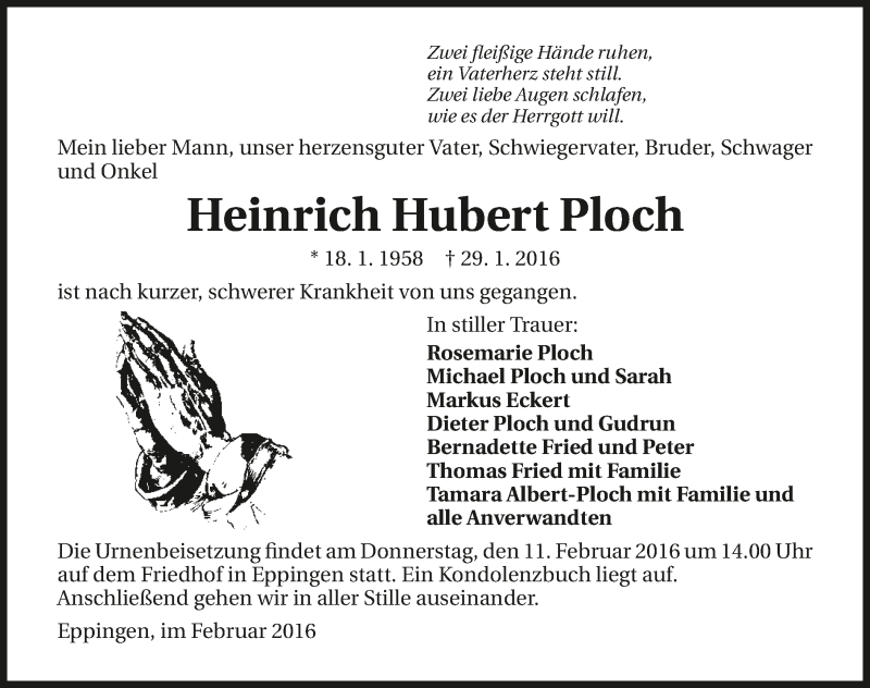  Traueranzeige für Heinrich Hubert Ploch vom 09.02.2016 aus 