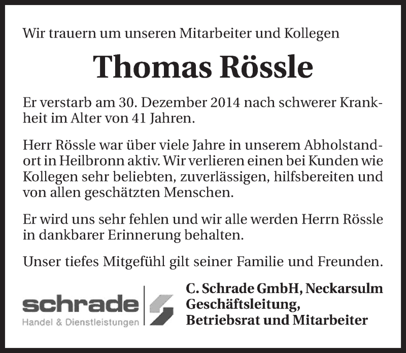  Traueranzeige für Thomas Rössle vom 03.01.2015 aus 