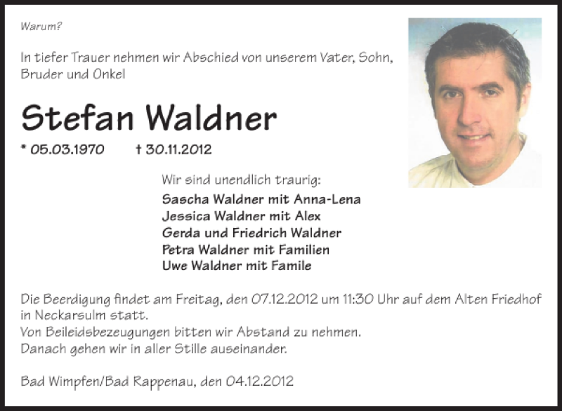  Traueranzeige für Stefan Waldner vom 06.12.2012 aus 