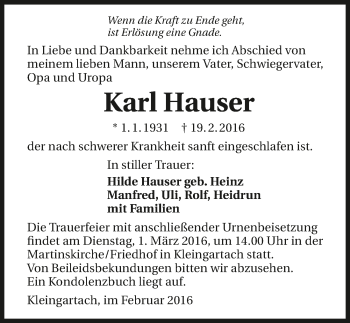 Traueranzeige von Karl Hauser 