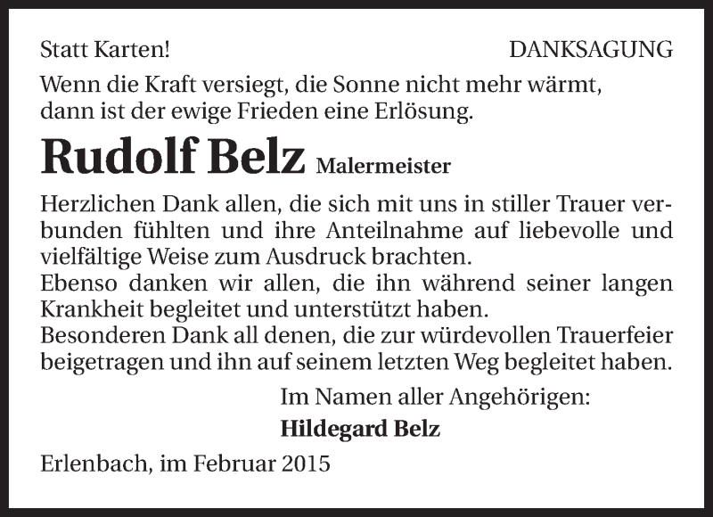  Traueranzeige für Rudolf Belz vom 14.02.2015 aus 