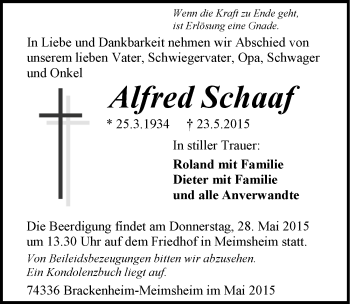 Traueranzeige von Alfred Schaaf 