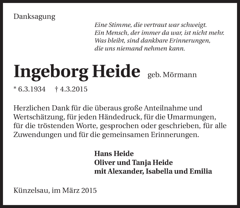  Traueranzeige für Ingeborg Heide vom 25.03.2015 aus 