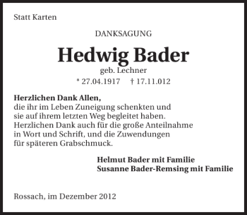 Traueranzeige von Hedwig Bader 