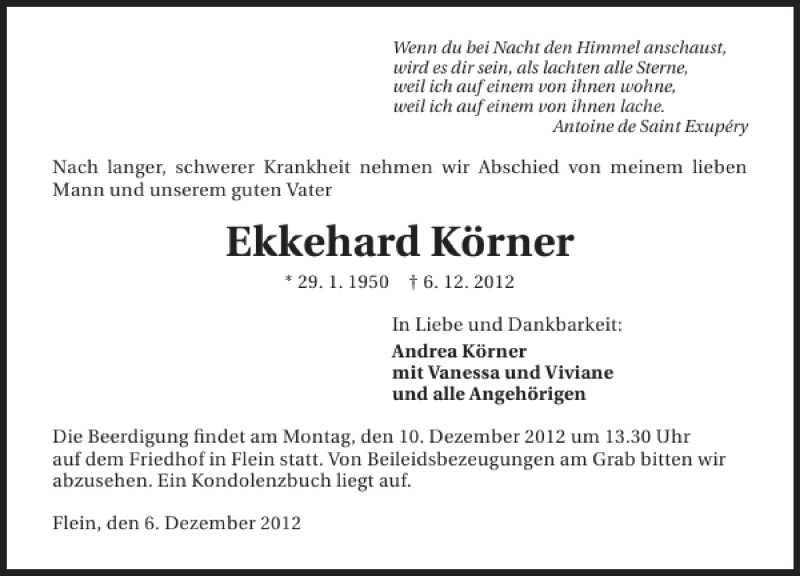 Traueranzeige für Ekkehard Körner vom 08.12.2012 aus 