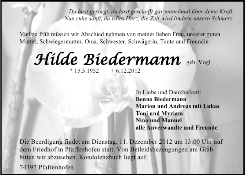  Traueranzeige für Mathilde Biedermann vom 08.12.2012 aus 