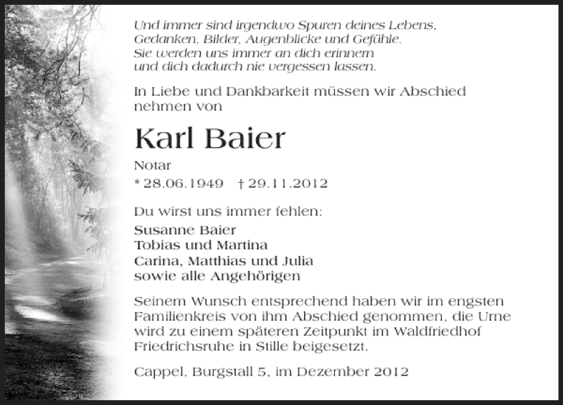  Traueranzeige für Karl Baier vom 08.12.2012 aus 