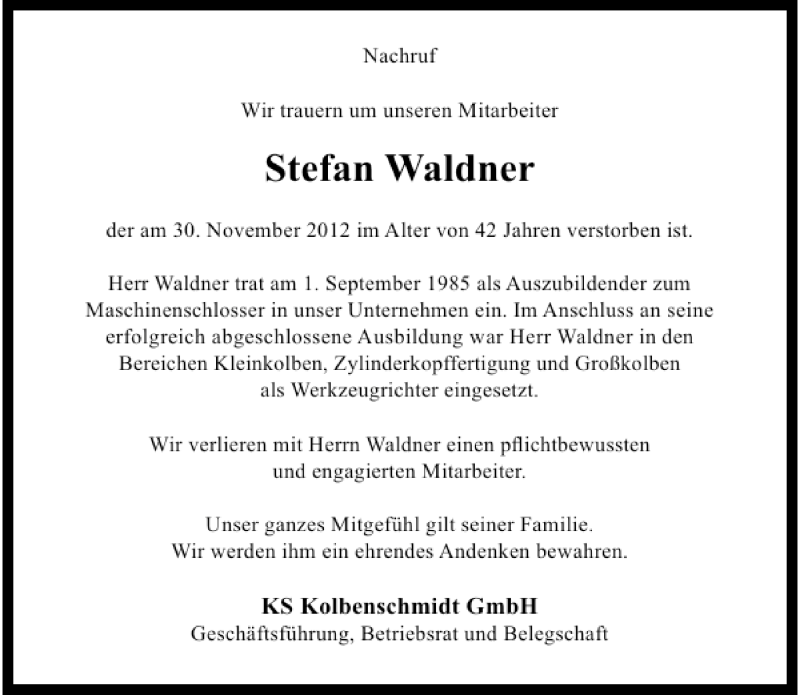  Traueranzeige für Stefan Waldner vom 08.12.2012 aus 