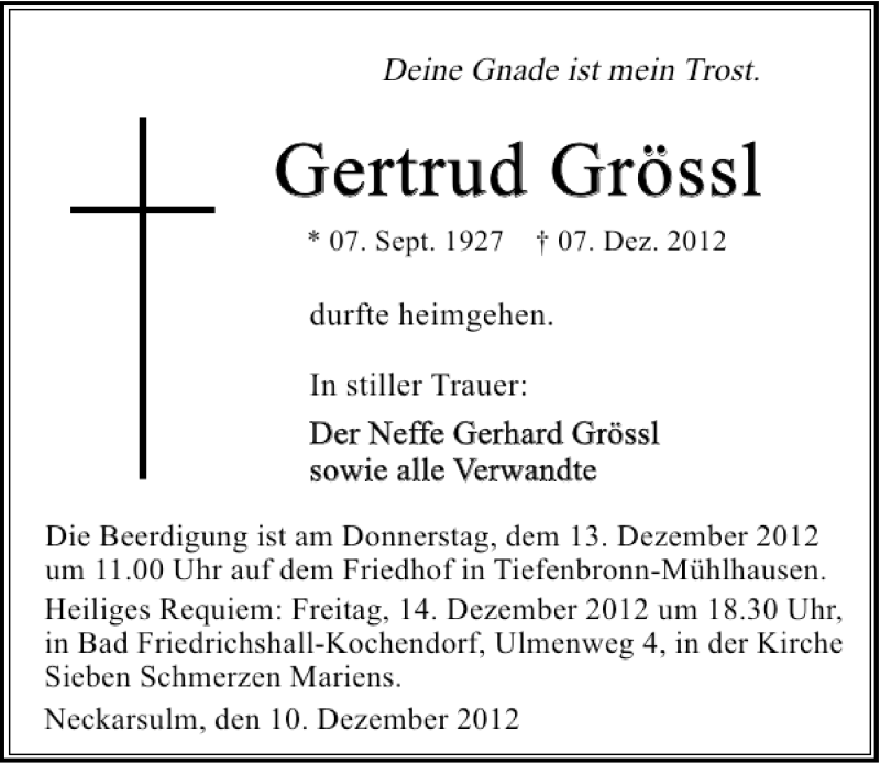  Traueranzeige für Gertrud Grössl vom 10.12.2012 aus 