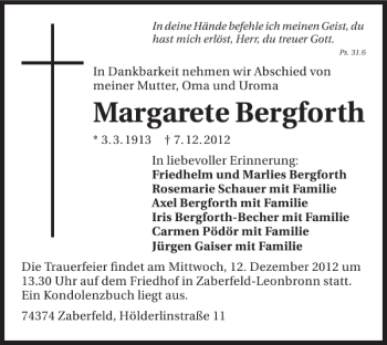 Traueranzeige von Margarete Bergforth 