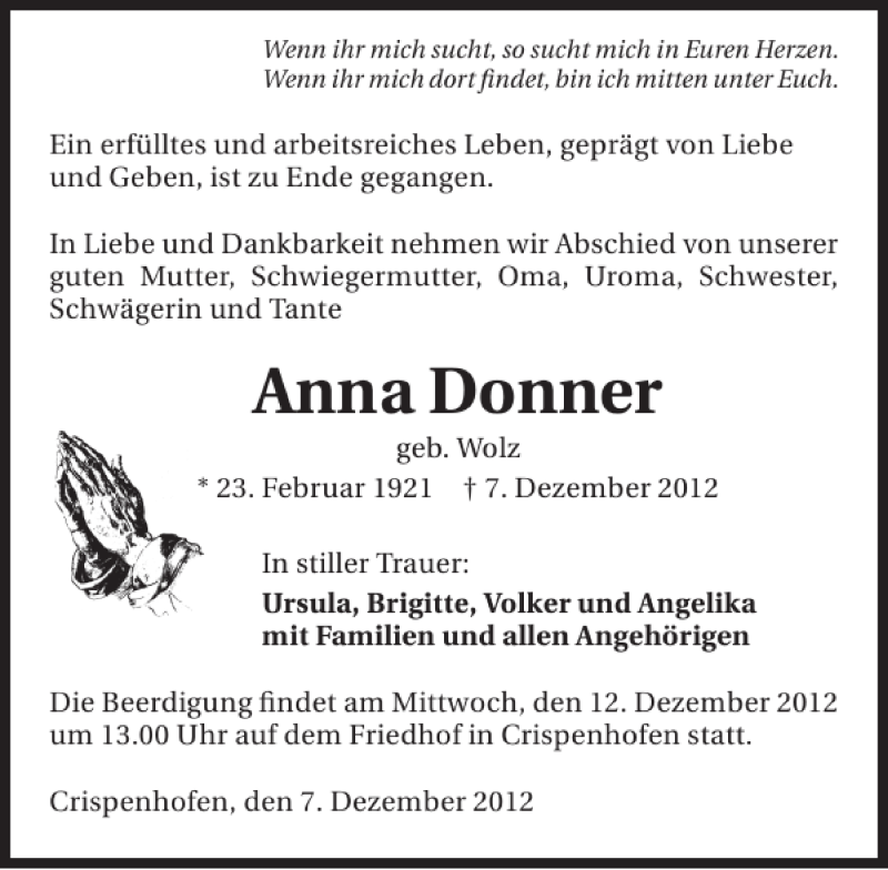  Traueranzeige für Anna Donner vom 10.12.2012 aus 