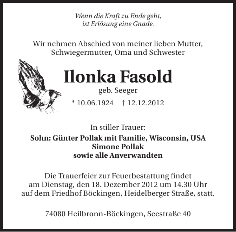  Traueranzeige für Ilonka Fasold vom 15.12.2012 aus 