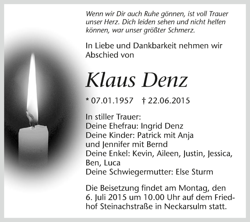  Traueranzeige für Klaus Denz vom 02.07.2015 aus 
