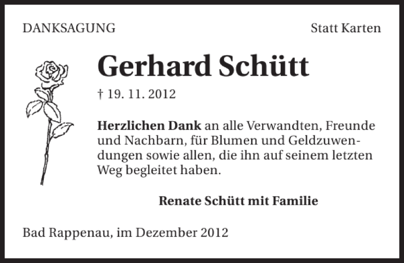  Traueranzeige für DANKSAGUNGStattKartenGerhardSchütt19.11. 2012Herzli vom 17.12.2012 aus 