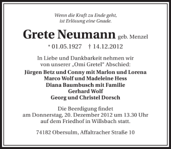 Traueranzeige von Grete Neumann 