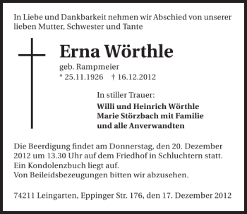 Traueranzeige von Erna Wörthle 