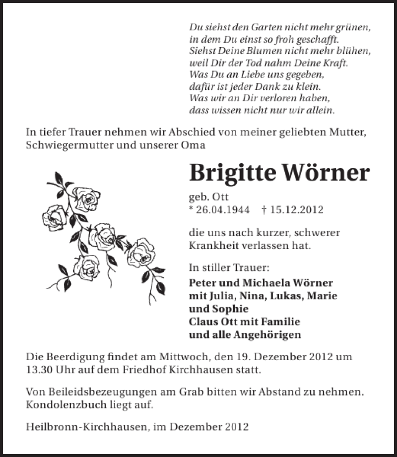  Traueranzeige für Brigitte Wörner vom 18.12.2012 aus 