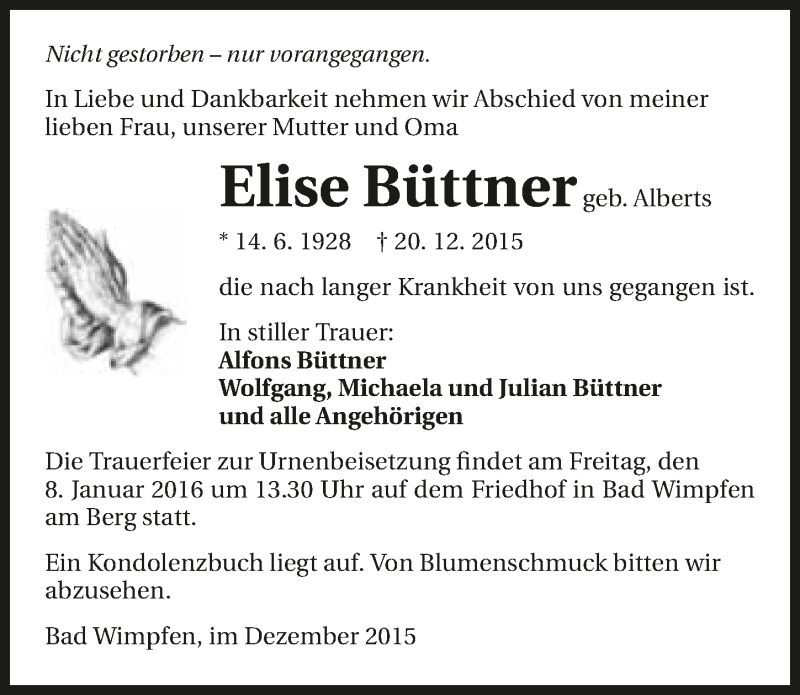  Traueranzeige für Elise Büttner vom 02.01.2016 aus 