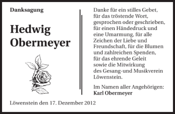 Traueranzeige von Hedwig Obermeyer 