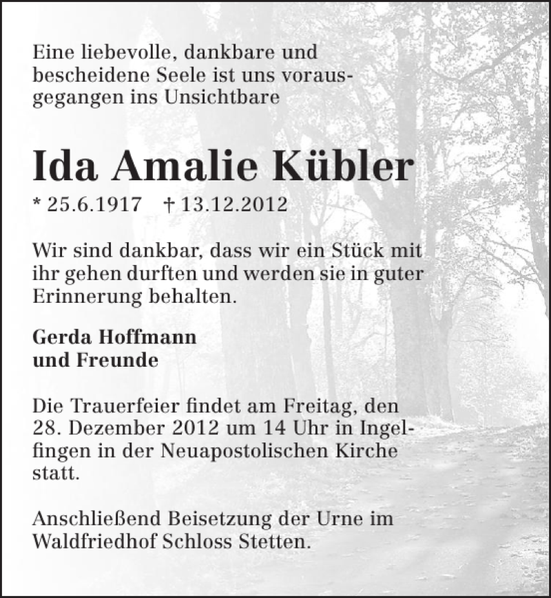  Traueranzeige für Ida Amalie Kübler vom 21.12.2012 aus 