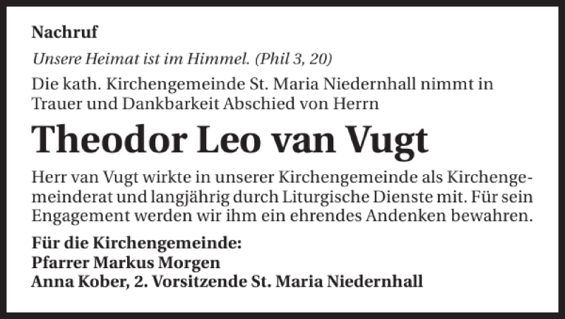  Traueranzeige für Theodor Leo van Vugt vom 21.12.2012 aus 