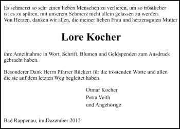 Traueranzeige von Lore Kocher 