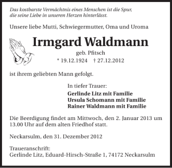 Traueranzeige von Irmgard Waldmann 