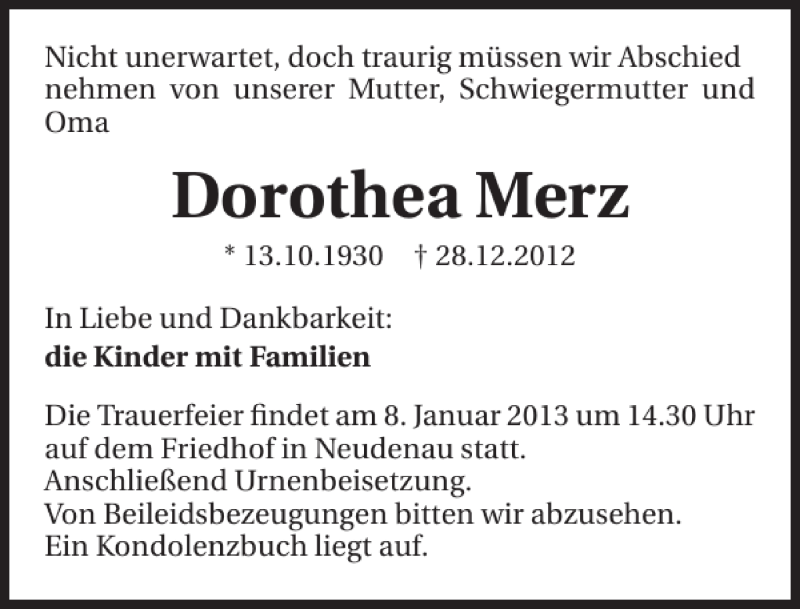  Traueranzeige für Dorothea Merz vom 02.01.2013 aus 