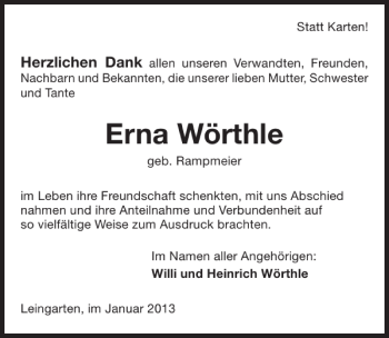 Traueranzeige von Erna Wörthle 