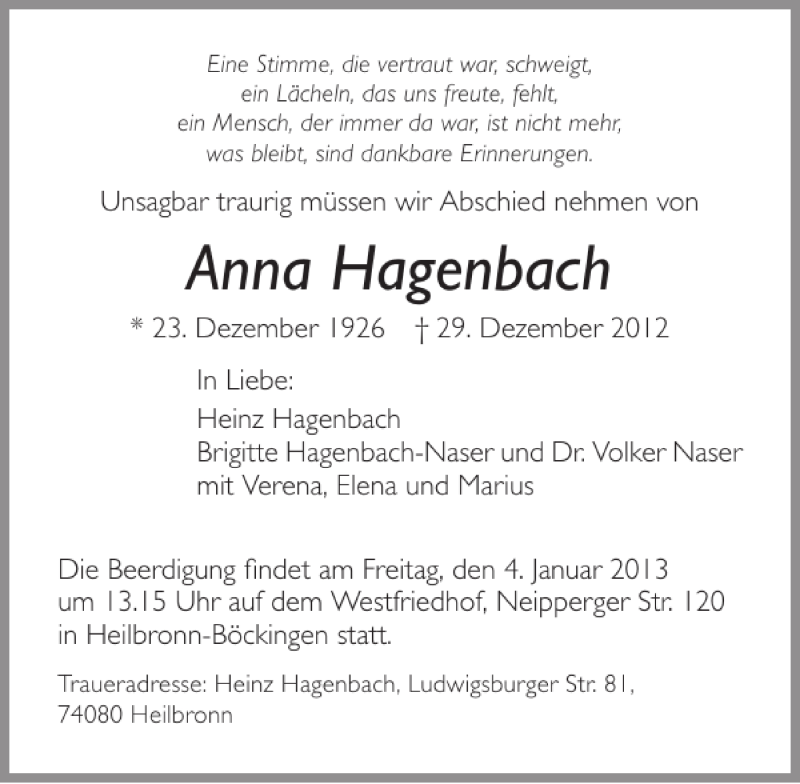  Traueranzeige für Anna Hagenbach vom 02.01.2013 aus 