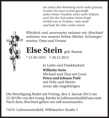 Traueranzeige von Else Stein 
