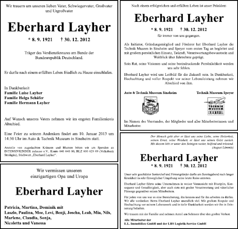  Traueranzeige für Eberhard Layher vom 02.01.2013 aus 
