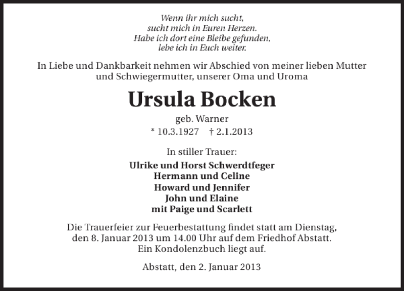  Traueranzeige für Ursula Bocken vom 04.01.2013 aus 
