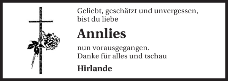  Traueranzeige für Annlies Annlies vom 04.01.2013 aus 