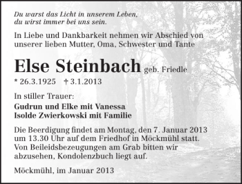 Traueranzeige von Else Steinbach 